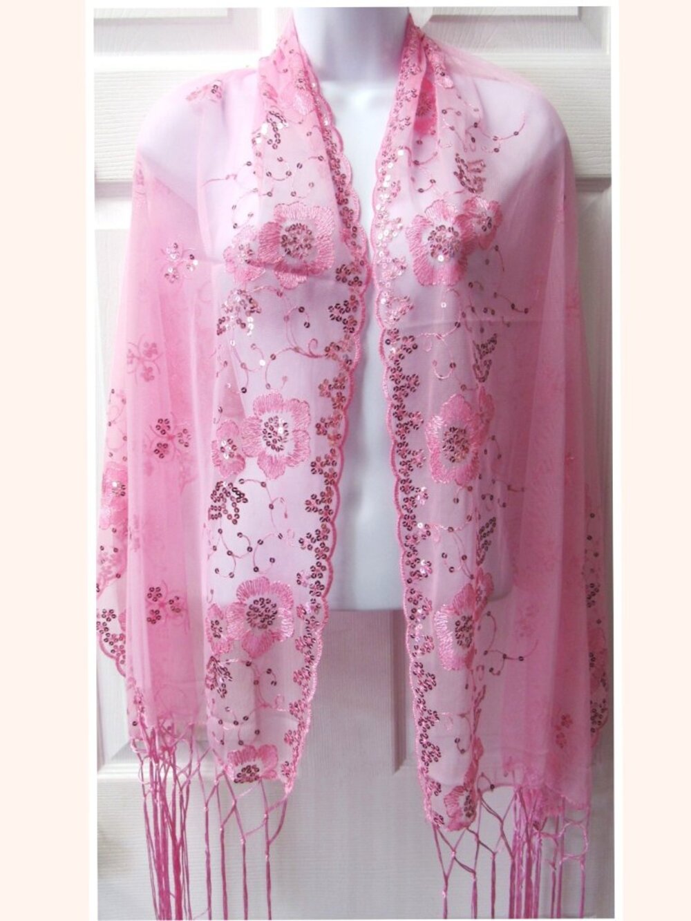 Light Pink Dressy Sequin Sparkle Fringed Scarf Shawl Wrap Wedding Bridal Formal - Picture 2 of 3